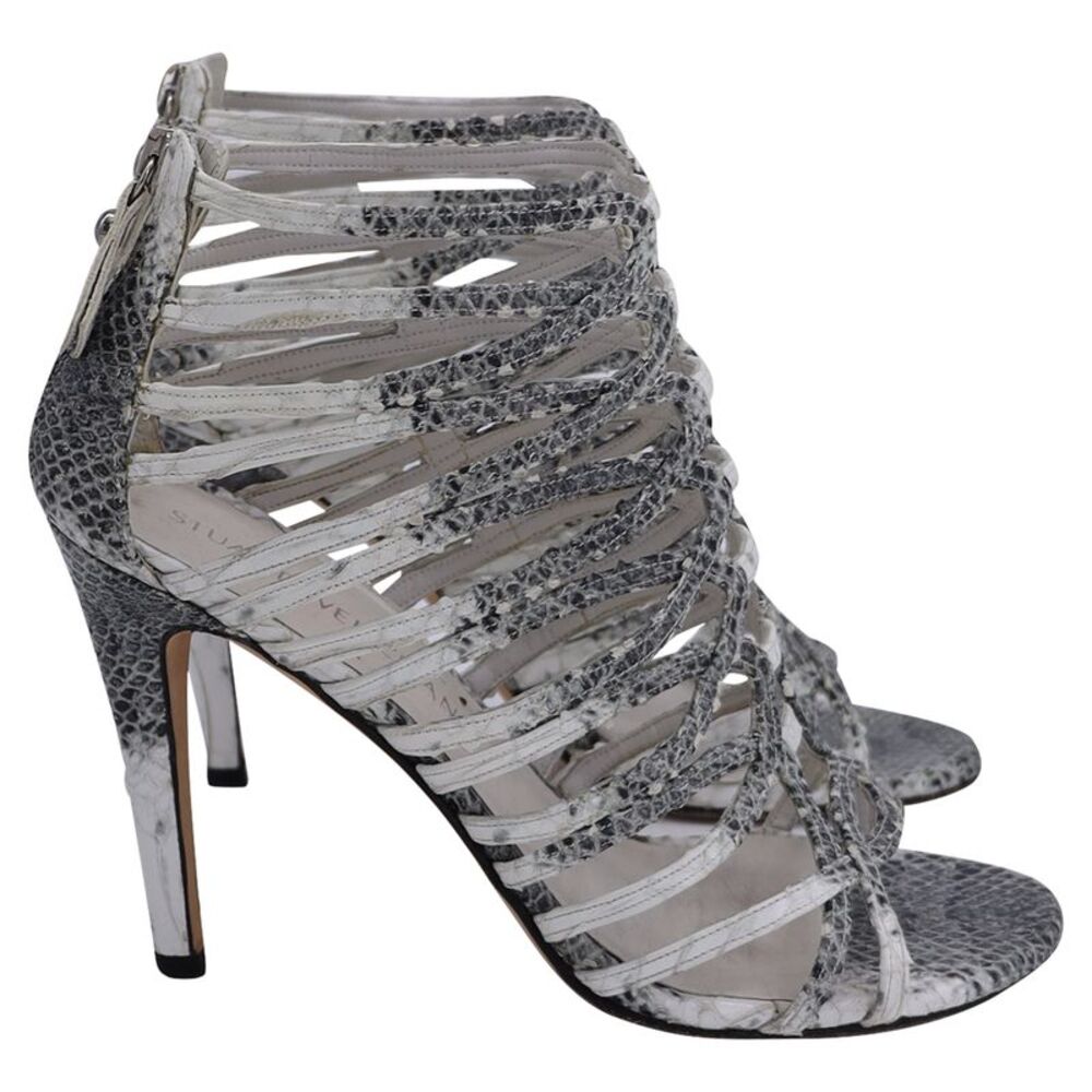 Stuart Weitzman Loops Strappy Sandals in Grey Python-Embossed Leather